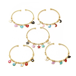 Mixed Patterns Colorful Enamel Charms Cuff Bangle with Clear Cubic Zirconia, Real 18K Gold Plated Brass Jewelry for Women, Cadmium Free & Lead Free, Mixed Patterns, Inner Diameter: 2 inch(5.2cm), Pendant: 8.5~12x7~10x1.5~3mm