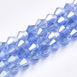 Cornflower Blue Electroplate Glass Beads Strands, AB Color Plated, Faceted, Bicone, Cornflower Blue, 6x5.5~6mm, Hole: 1mm, about 47~48pcs/strand, 10.83 inch(27.5cm)