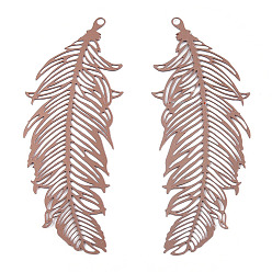 Camel Ion Plating(IP) 201 Stainless Steel Filigree Pendants, Etched Metal Embellishments, Feather, Camel, 47x19x0.3mm, Hole: 1.2mm