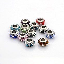 Mixed Color Nice Large Hole 304 Stainless Steel Polymer Clay Pave Two Tone Rhinestone European Beads, Rondelle, Mixed Color, 12x7mm, Hole: 5mm