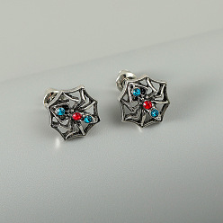 Eight-pointed star blue and red diamond silver spider earrings. Halloween Spider Earrings with Colorful Rhinestones - Vintage Spider Ear Studs, Christmas Jewelry.