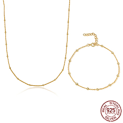 Real 18K Gold Plated 925 Sterling Silver Jewelry Set, Satellite Chain Necklaces & Bracelet, Real 18K Gold Plated, 15.75 inch(40cm), 6.69 inch(17cm)
