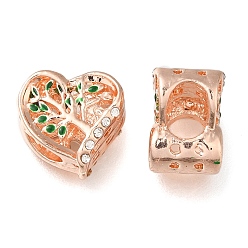 Розовое Золото Наберешь покрытие эмали сплава европейские шарики, со стразами, бусины с большим отверстием, сердце с дерева жизни, розовое золото , 11x12x7.5 мм, отверстие : 5 мм