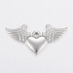 Stainless Steel Color 304 Stainless Steel Pendants, Heart and Wing, Stainless Steel Color, 20x40x3.5mm, Hole: 3mm