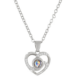 Platinum I Love You in 100 Languages Glass Projection Necklace, Rhinestone Heart Pendant Necklace with Alloy Chains, Platinum, 17.72 inch(45cm)