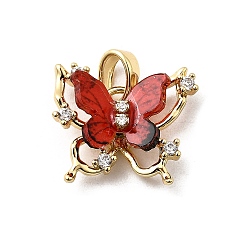 Красный Латунные микро проложить кубического циркония прелести, бабочка, с пластиковым, долговечный, стойки покрытие, без свинца и без кадмия, реальный 18 k позолоченный, красные, 12.5x14.5x5.5 мм, отверстие : 4.5x2.5 мм