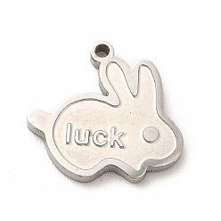 Stainless Steel Color 304 Stainless Steel Pendant Enamel Settings, Rabbit with Word Luck, Stainless Steel Color, 11x12x1mm, Hole: 1mm