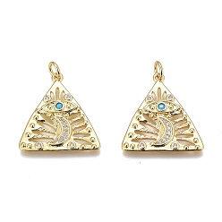 Real 18K Gold Plated Brass Micro Pave Clear Cubic Zirconia Pendants, Long-Lasting Plated, with Jump Rings, Triangle with Star & Evil Eye, Real 18K Gold Plated, 23x21x2mm, Hole: 3mm