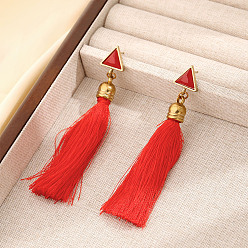 Красный Серьги-гвоздики из сплава и эмали, с акриловой, стиль с кисточками, золотые, красные, 89x16 мм