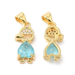 Deep Sky Blue Real 16K Gold Plated Brass Micro Pave Cubic Zirconia Pendants, with Glass, Boy Charms, Deep Sky Blue, 18.5x8x4.5mm, Hole: 5x3.5mm