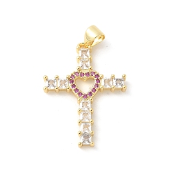 Орхидея Латунные микро проложить кубического циркония подвески, пересекаются с сердцем, стойки покрытие, без кадмия и без свинца, долговечный, реальный 18 k позолоченный, сиреневые, 27x19.5x3 мм, отверстие : 3x3 мм