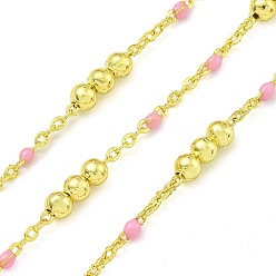 Бледно-Розовый Цепочка из латунных эмалевых круглых бусин, пайки, с катушкой, долговечный, без кадмия и без свинца, реальный 18 k позолоченный, розовый жемчуг, 12x3.5 мм