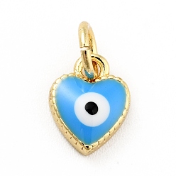 Deep Sky Blue Rack Plating Brass Enamel Charms, with Jump Rings, Cadmium Free & Lead Free, Real 18K Gold Plated, Heart with Evil Eye, Deep Sky Blue, 9x7x2.6mm, Hole: 3mm
