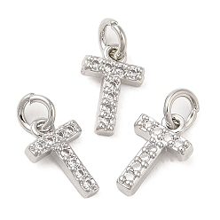 Real Platinum Plated Brass Micro Pave Grade AAA Cubic Zirconia Charms, Letter T, Cadmium Free & Nickel Free & Lead Free, Real Platinum Plated, 9x6x1.5mm, Hole: 2mm