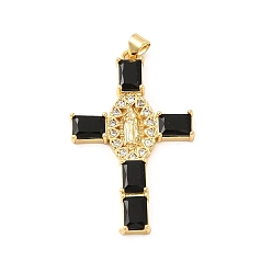 Black Rack Plating Brass Pendants, with Glass Cubic Zirconia, Religion Cross with Virgin Mary Charm, Cadmium Free & Lead Free, Long-Lasting Plated, Real 18K Gold Plated, Black, 43x27x4mm, Hole: 5x3mm