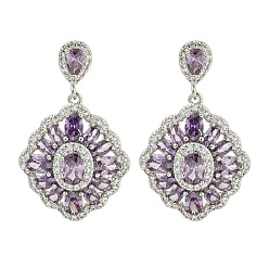 Средний Фиолетовый Латунь микро проложить кубический цирконий болтаться серьги стержня, цветок, платина, средне фиолетовый, 38.5x24.5 мм