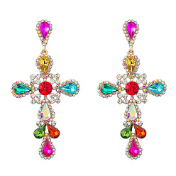 Colorful Alloy Rhinestone Cross Stud Earrings, Bohemia Style Earrings for Women, Colorful, 80x40mm