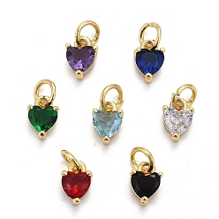 Mixed Color Brass Micro Pave Cubic Zirconia Charms, Long-Lasting Plated, Real 18K Gold Plated, Heart, Mixed Color, 8x5x3.5mm, Hole: 3mm