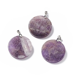 Amethyst Natural Amethyst Pendants, Flat Round Charms with Tree of Life Pattern, with Rack Plating Platinum Tone Brass Findings, Cadmium Free & Lead Free, 30x4~8mm, Hole: 4x4mm