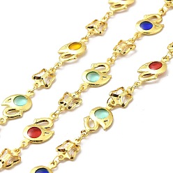 Real 18K Gold Plated Handmade Brass Glass Link Chain, Soldered, with Spool, Butterfly & Swan, Cadmium Free & Lead Free, Real 18K Gold Plated, Swan: 18x9x2mm, Butterfly: 10.5x7x2.5mm