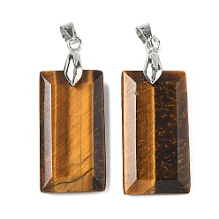 Тигровый глаз Граненые подвески из натурального тигрового глаза, прямоугольные подвески с латунными дужками платинового оттенка, 25x13x4 мм, отверстие : 5x4 мм