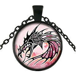 Electrophoresis Black Pink Dragon Theme Glass Flat Round Pendant Necklace with Alloy Chains, Electrophoresis Black, 27.56 inch(70cm)