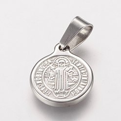 Stainless Steel Color 304 Stainless Steel Pendants, Flat Round with Saint Benedict Medal, Stainless Steel Color, 16x13x2mm, Hole: 4x6mm