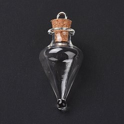 Clear Teardrop Glass Cork Bottle Pendants, Glass Empty Wishing Bottle Charm, with Platimen Tone Iron Loops, Clear, 4.4cm, Hole: 2.5mm