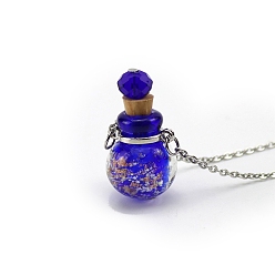 Blue Luminous Round Lampwork Perfume Bottle Necklaces, with Titanium Steel Chains, Blue, 23.62 inch(60cm), Pendant: 18mm, Capacity: 0.5ml(0.02fl. oz)
