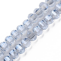 Kornblumenblau Galvanisieren transparente Glasperlen Stränge, facettiert, Runde, Kornblumenblau, 10x8~9 mm, Bohrung: 1.5 mm, ca. 58~60 Stk. / Strang, 19.69 Zoll (50 cm)