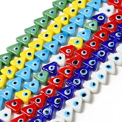 Mixed Color Evil Eye Handmade Lampwork Beads Strands, Triangle, Mixed Color, 10~12x13~13.5x3.5~4mm, Hole: 1.2mm, about 36pcs/strand, 16.42 inch(41.7cm)