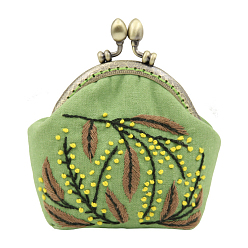 Lime Green DIY Plants Pattern Kiss Lock Coin Purse Embroidery Kit, Including Embroidered Fabric, Embroidery Needles & Thread, Metal Purse Handle, Plastic Embroidery Hoop, Lime Green, 85mm