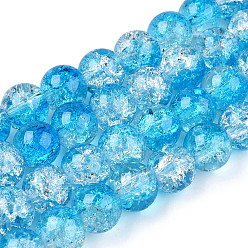 Deep Sky Blue Baking Painted Crackle Glass Bead Strands, Two Tone, Round, Deep Sky Blue, 8mm, Hole: 1.3~1.6mm, about 100pcs/strand, 31.4 inch.
