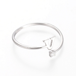 Letter V Rhodium Plated 925 Sterling Silver Cuff Rings, Open Rings, with Cubic Zirconia, Platinum, Clear, Letter.V, letter V: about 5x5x0.8mm, Size 7, 17mm