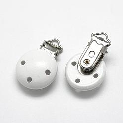 White Dyed Wood Baby Pacifier Holder Clips, with Iron Clips, White, 48x29x19mm, Hole: 13.5x5mm
