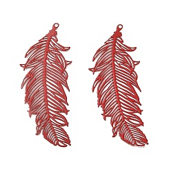 Dark Red Spray Painted 430 Stainless Steel Pendants, Etched Metal Embellishments, Leaf Charm, Dark Red, 47x18.5x0.3mm, Hole: 1.2mm