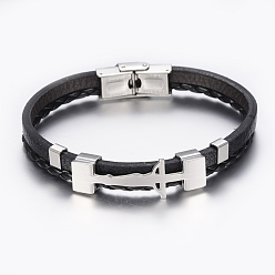 Black Leather Braided Cord Bracelets, with 304 Stainless Steel Finding, Rectangle with Crucifix, Black, 8-1/4 inch(210mm), 8.5x3~7mm