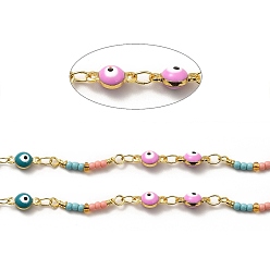 Real 18K Gold Plated Brass Enamel Evil Eye Link Chains, with Colorful Glass Beaded, Soldered, with Spool, Real 18K Gold Plated, 20x3x2mm, 9x4.5x4mm