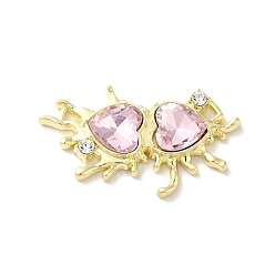 Pink Alloy Connector Charms, Melting Heart Links with Glass, Lead Free & Cadmium Free, Light Gold, Pink, 24x40x6mm, Hole: 2.6x2mm and 2.6x2.8mm