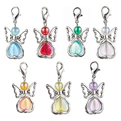 Mixed Color 7Pcs 7 Colors Angel Acrylic Pendant Decorations, with Alloy Pendants and Swivel Lobster Claw Clasps, Mixed Color, 36mm, 1pc/color