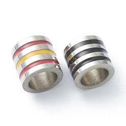 Mixed Color 304 Stainless Steel Beads, with Enamel, Column with Stripe Pattern, Stainless Steel Color, Mixed Color, 8~9x7.5~9.5mm, Hole: 4.5mm and 5.5mm