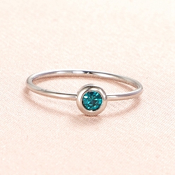 Dark Turquoise Glass Birthstone Style Diamond Finger Ring, Stainless Steel Ring, Dark Turquoise, Inner Diameter: 16.8mm