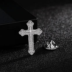 Platinum Religion Cross Rhinestone Pin, Alloy Brooch for Backpack Clothes, Platinum, 26x18mm