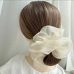Large Pearl Hair Scrunchie - Beige Chic Oversized Organza Hair Scrunchie for Girls, Sweet and Elegant French Style Headband with Fairy Mesh Bow Tie