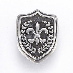 Antique Silver 304 Stainless Steel Slide Charms, Shield with Fleur De Lis & Olive Branch, Antique Silver, 21x17x9mm, Hole: 5x10mm