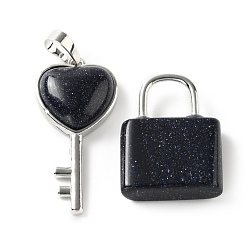 Синий Драгоценный Камень Синтетический синий авантюрин подвески, с латунной фурнитурой платинового цвета, Ключ и замок, 27~36.5x17~19.5x6.5~7 мм, отверстие : 8~9x5~9 мм