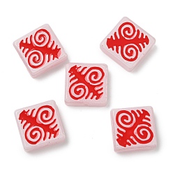 Красный Выпечка окрашенные стеклянные бусины, квадрат с рунами, с эмалью, красные, 18x18x6~6.5 мм, отверстие : 1.4 мм