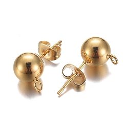 Real 24K Gold Plated 304 Stainless Steel Stud Earring Findings, with Loop and Ear Nut/Earring Backs, Real 24K Gold Plated, 11mm, Hole: 1.8mm, Ball: 8mm, Pin: 0.8mm