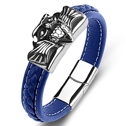 Dark Blue Stainless Steel Owl Link Bracelet with Leather Cord, Punk Bracelet with Magnetic Clasp for Men Women, Dark Blue, 6-1/2 inch(16.5cm)