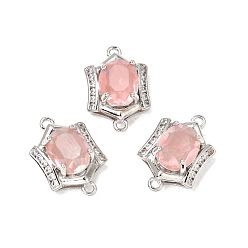 Pink Латунные микропаве из кубического циркония и стеклянных звеньев, соединительные подвески, шестиугольник, платина, розовые, 19x13x8 мм, отверстие : 1.4 мм